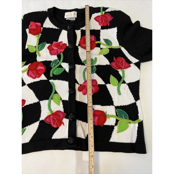 Embellished Red Roses Check Cardigan Sequin Size Small Black White Embroidery - Picture 15 of 16